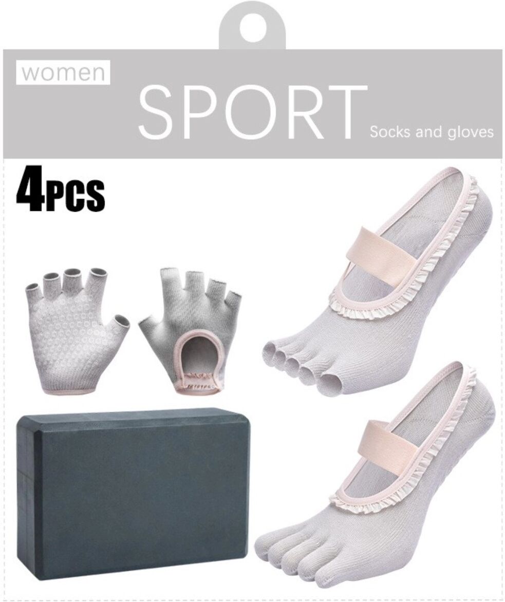 INF Rutschfestes Yoga- und Pilates-Set mit Griffsocken, fingerlosen Handschuhen, getrennten Zehen und Yoga-Block-Unterstützung Grau