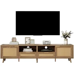 TV-Schrank 200x37x48, mit 2 Rattan-Schubladen, 2 Türen, verstellbaren Massivholzbeinen, Aufbewahrung für Multimedia-Geräte, Eiche