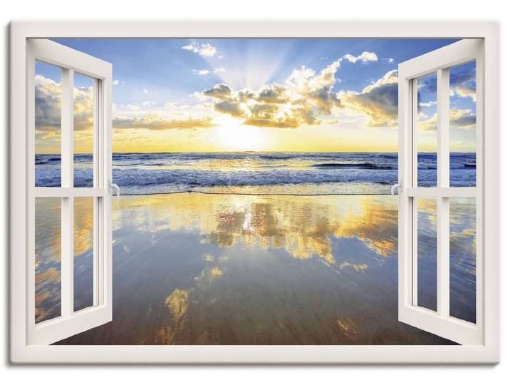 Leinwandbild ARTLAND Fensterblick Sonnenaufgang Ozean , weiss (farbe bild(er): weiß), B:100cm H:70cm, Bilder, Leinwandbild, auf Holzrahmen gespannt