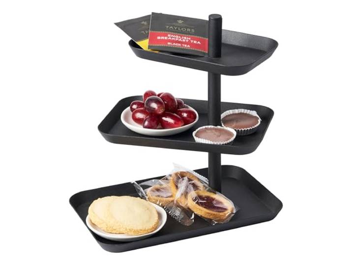 Yamazaki Tower 3-stöckige Etagere mit drehbaren Ablagen, schwarz Stahl, 360° drehbar, Individuelle Präsentation, für Dessrts / Schmuck, 15,7 x 24,7 x 25,7 cm, Japanisches Design