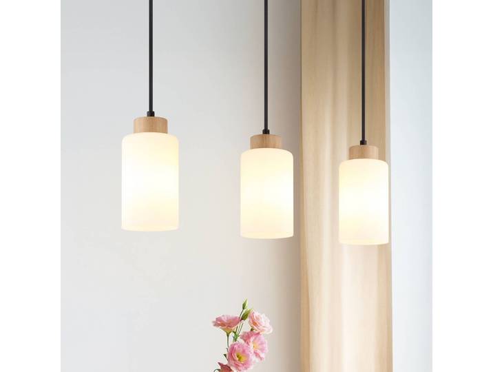 Globo Hängeleuchte Rowena, dimmbar, Holz hell, für Wohn- / Esszimmer, Glas