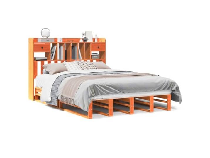 PUGYNBK Bett mit Regal ohne Matratze Massivholz braun 160 x 200 cm Kopfteil mit Ablage, Lattenrost inklusive, platzsparend, ersetzt Nachttisch