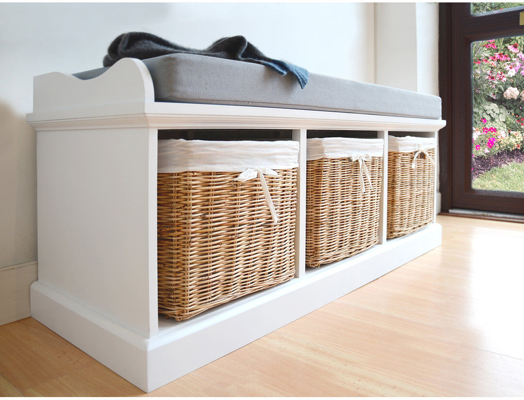 August Grove Bastogne Polyester Blend Upholstered Storage Bench White/Natural/Grey 46cm H X 112cm W X 40cm D