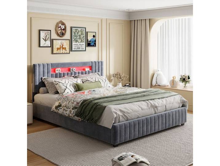 Lit 140x200 cm - LED - tissu en Velours - cadre de lit adulte - lit adulte 140x200 cm - 140x200 cm - Gris