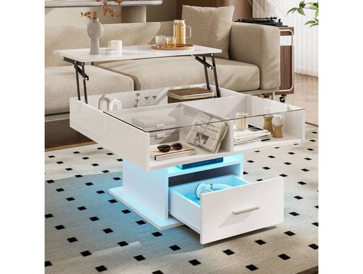 Table basse relevable 78x78x45 5cm - finition brillante - avec éclairage LED - 1 tiroir - étagères ouvertes - blanc