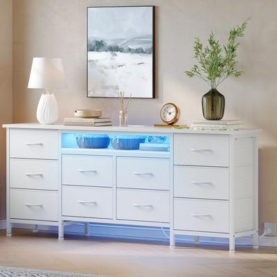 Garvee "63"" TV Stand Dresser with 10 Storage Drawers, Power Outlets & LED Lights, Wide Dresser Organizer Entertainment Center"