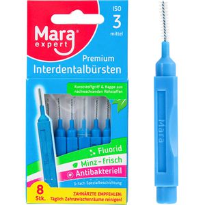 Mara-Expert Interdentalbürsten Premium Blau Minze, ISO-Größe 3, Ø 0,6 mm, für mittlere Zahnzwischenräume, 8 Stück