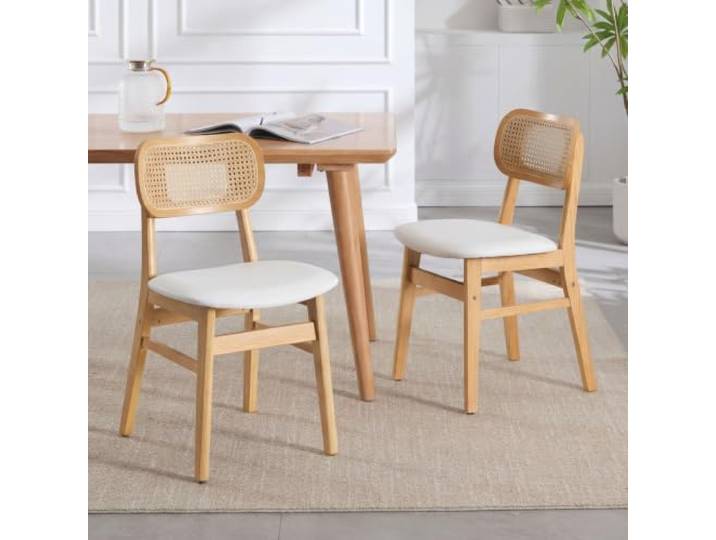 Ya-Home Esszimmerstühle 2er Set PU Leder Küchenstühle mit Rückenlehne Akzentstühle Rattan Polsterstuh mit Massivholzbeinen für Esszimmer/Wohnzimmer/Küche, Weiß