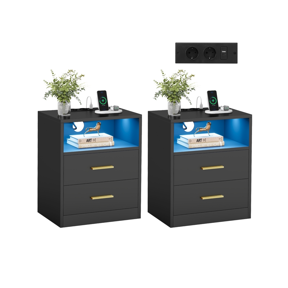 VASAGLE Custos Kollektion -Nachttisch mit Ladestation und LED tintenschwarz LET829BC01