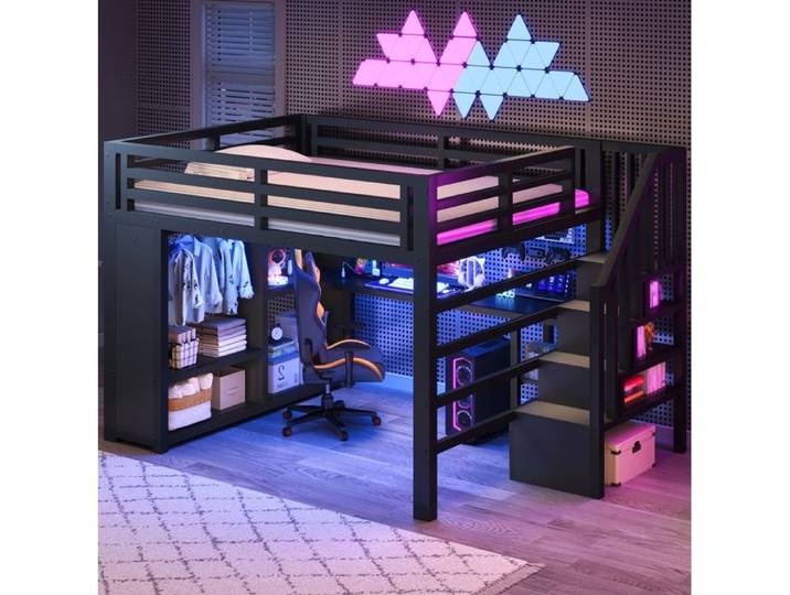 WUVRIE Lit mezzanine gaming 140x200 cm en métal noir avec bureau LED dressing ouvert et escalier rangement