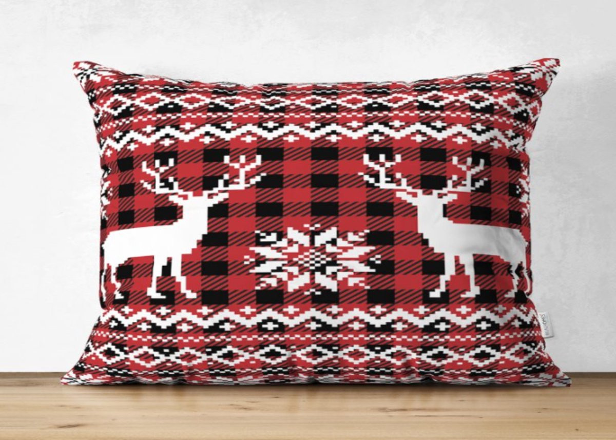 De Groen Home Velvet Kussenhoes met Rendieren op rode plaid - Kerst - 30 x 50 cm