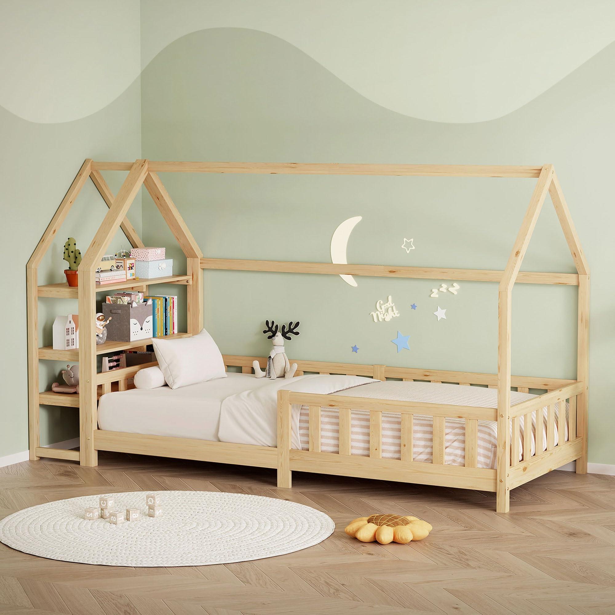 Kinderbett 90x200 cm mit Rausfallschutz und Regal, Hausbett aus Kiefernholz