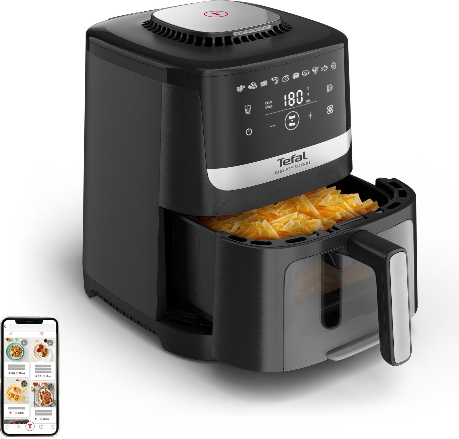 Tefal Easy Fry Silence EY5568E0 Heteluchtfriteuse, Zwart en Roestvrij Staal, 5 liter