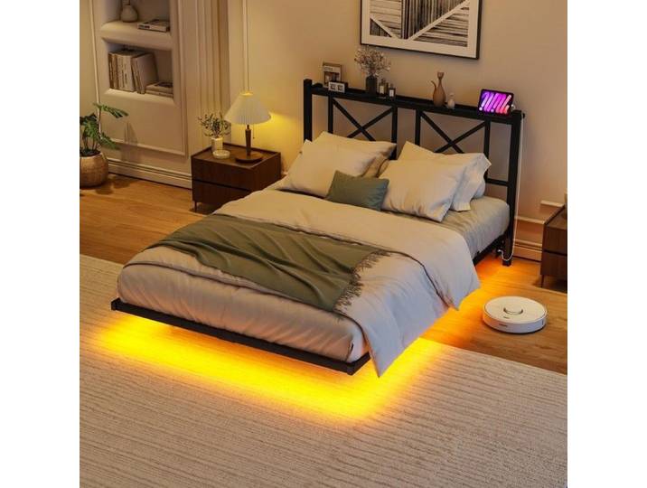 Lit mezzanine gaming métal noir 160x200cm LED bureau placard ouvert étagères