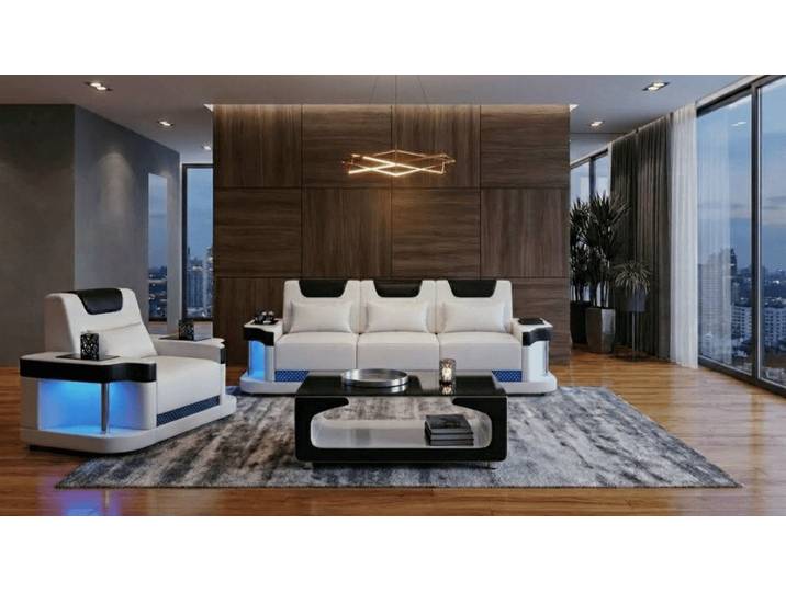 JVmoebel Polstergarnitur Sofa Set 3+1 Modern Weiß Schwarz Premium LED Luxus Komfort Elegant
