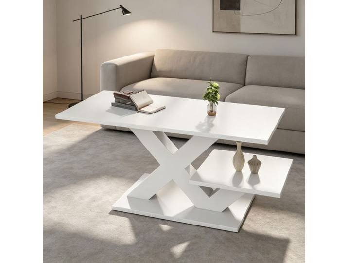 Table basse blanche 100x48x45 cm MDF à deux plateaux