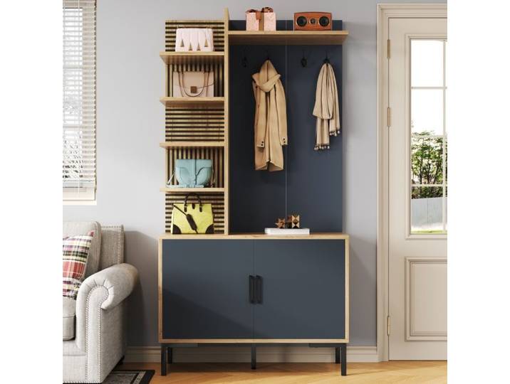 Garderobe d'entrée compacte avec crochets étagères latérales et rangement bas réglable