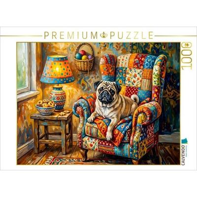 CALVENDO Puzzle Mops entspannt gemütlich im bunten Ohrensessel Puzzle | 1000 Teile Lege-Größe 64x48cm Foto-Puzzle für glückliche Stunden