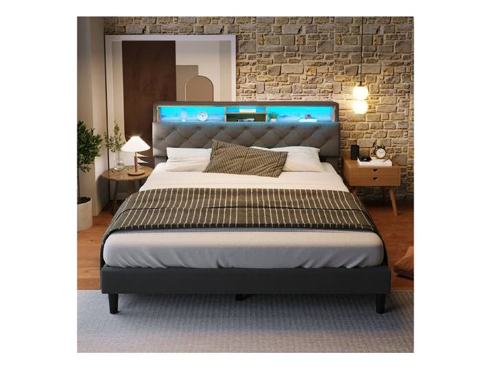 MODFU Polsterbett Funktionsbett mit LED Beleuchtung (Doppelbett, 1-tlg), mit Stauraum-Kopfteil
