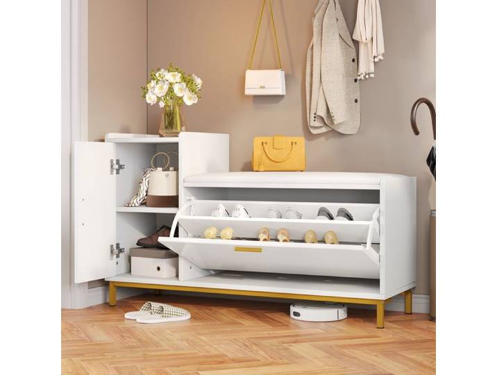 Meuble à chaussures brillant 100x38x68 cm - 2 portes - Avec table à langer - Pieds en métal - Blanc + or