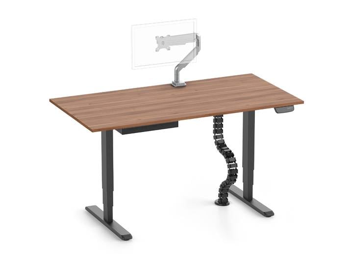 PRIMUS + Slimline Schublade, Kabelschlange & Halter 160x80 Schwarz Nussbaum Monitorarm silber