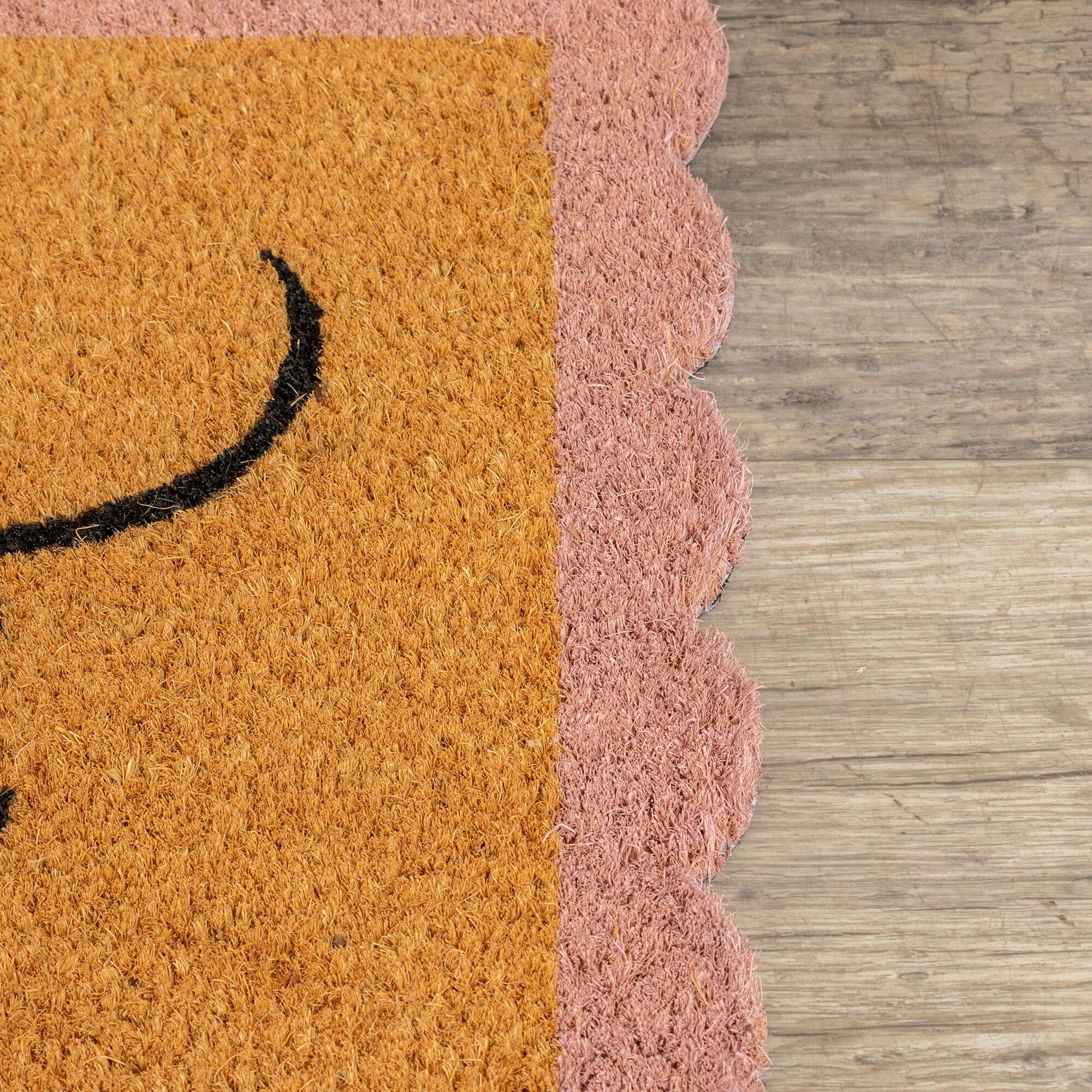 "Hello Beautiful" Pink Scalloped Coir Doormat Coir, Rubber