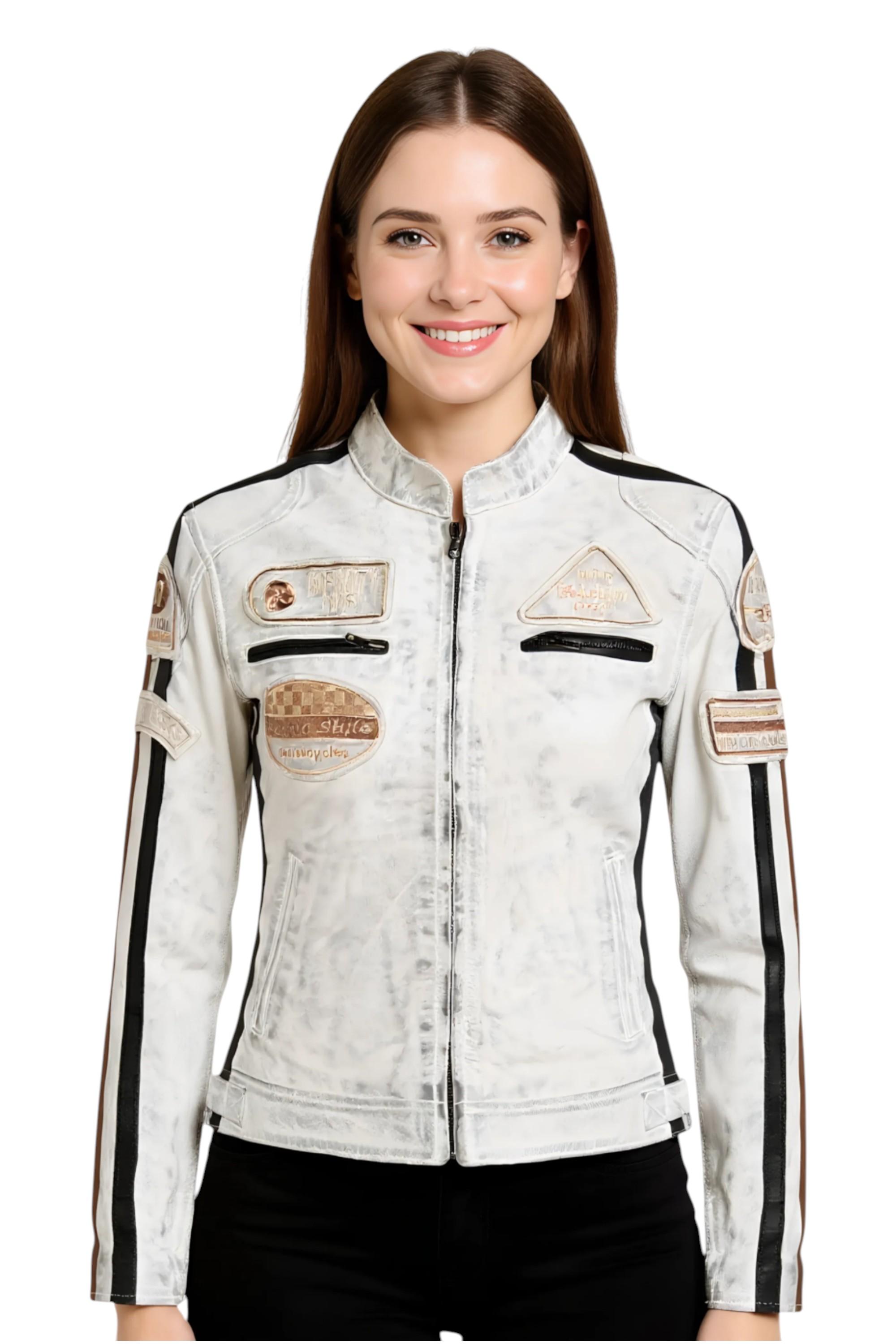Infinity Leather Damen-Lederjacke mit Rennabzeichen, Biker‑Schnitt, Modell Dalby - Weiß