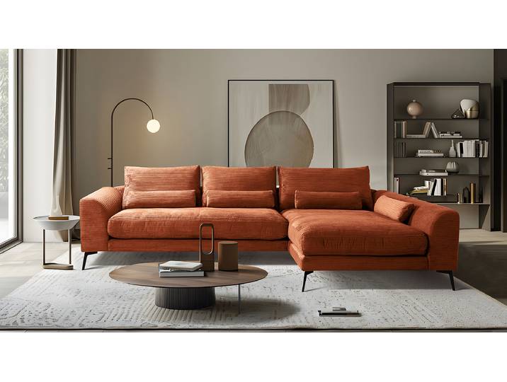 Ecksofa Rot/Orange Cordstoff Lola 313 x 85 x 172cm Longchair davorstehend rechts Modern