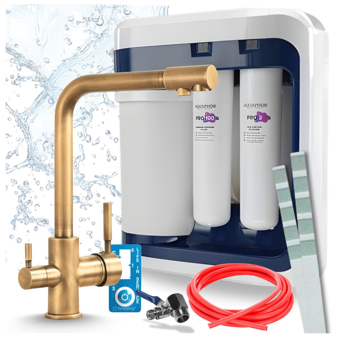 Ari 3-Wege-Küchenarmatur Venom, Messing, Spültischarmatur Im Set Mit Aquaphor Ro-202S Pro Wasserfiltersystem, Untertischanlage