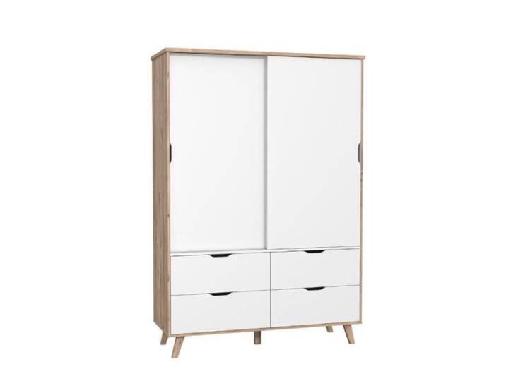 Armoire 2 portes coulissantes 4 tiroirs décor chêne et blanc - ALBANE