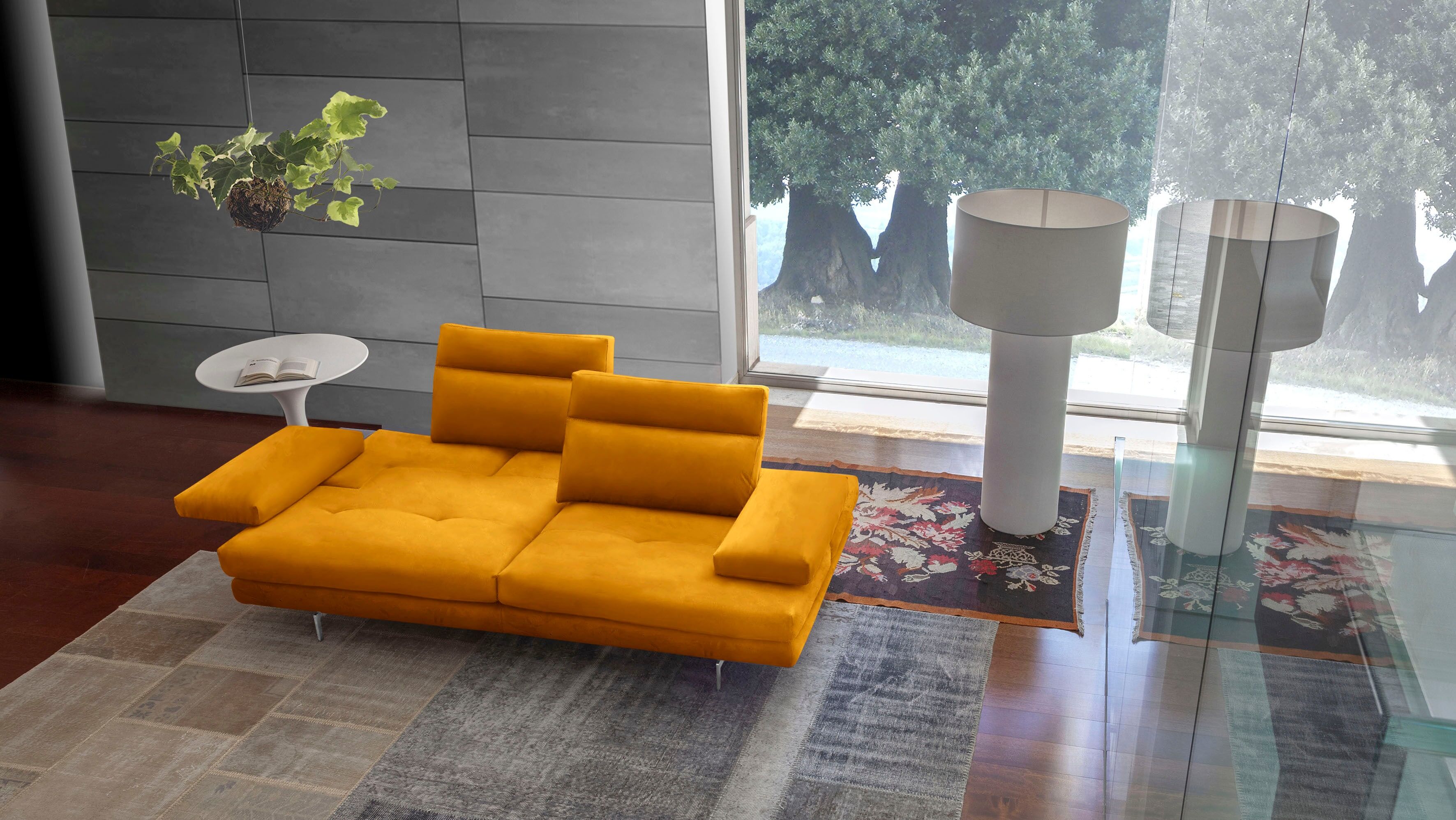 3-Sitzer CALIA ITALIA "Toby Wing, 208 cm breit, Designsofa mit hohem Sitzkomfort", gelb (ocra mario), B:208cm H:90cm T:113cm, Mikrofaser mit Nubuk Optik (100% Polyester), Sofas, 3-Sitzer, inklusive Sitztiefenverstellung, Füsse in Chrom glänzend ocra mario