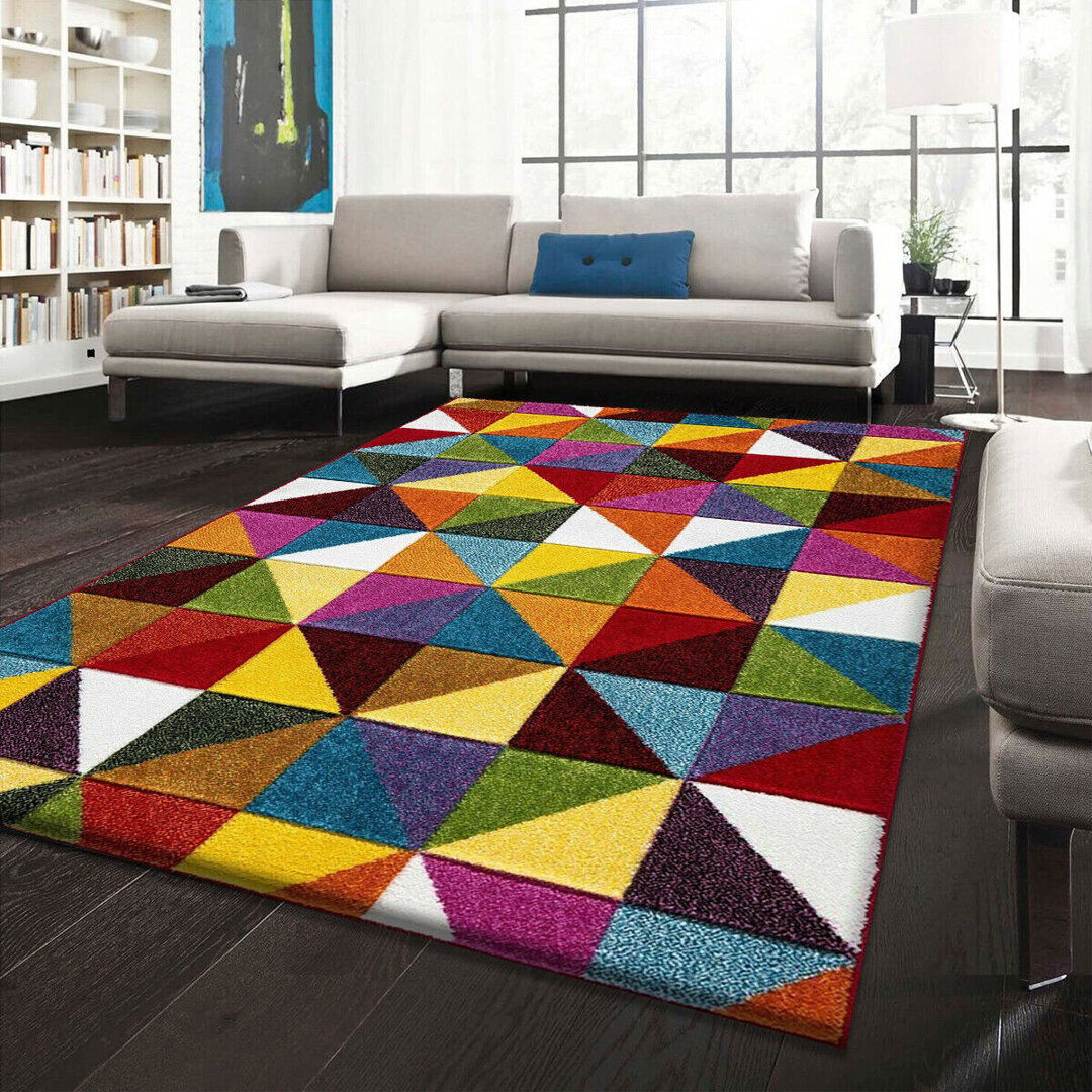George Oliver Uday Geometric Flokati Area Rug Blue/Brown/Yellow Rectangle 160 x 230cm