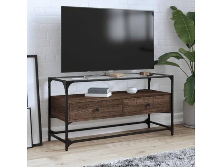 HEFZGDB TV-Schrank mit Glasplatte Braun Eiche 98x35x51 cm Holzwerkstoff Metallrahmen, 2 Schubladen Stauraum, Industriestil Beistellschrank Wohnzimmer Möbel