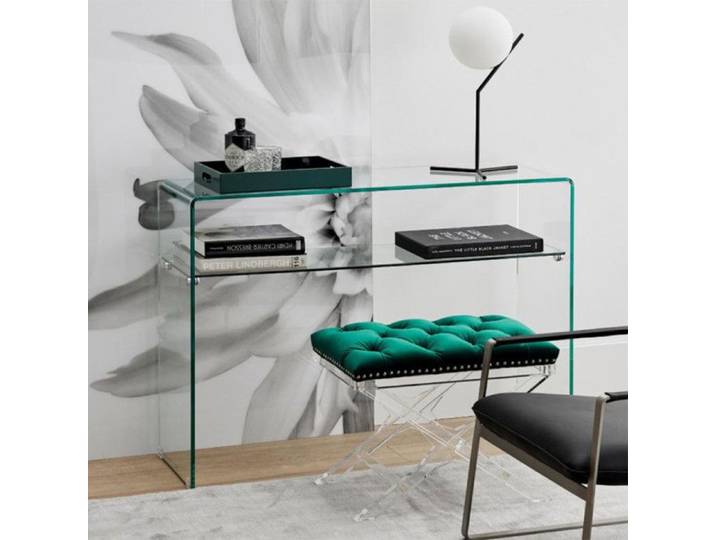 Console rectangulaire L100 cm en verre trempé et étagère vitrée - ICE Meubletmoi