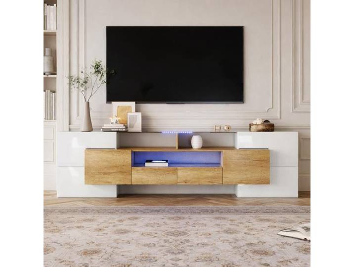 Meuble TV LED Longueur Moderne Meuble Télé Haut pour Salon Banc TV avec Rangement Charge 60kg 150x30x50 cm Blanc & Bois