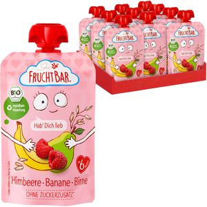 FruchtBar Fruchtpüree Quetschie, 100% Frucht, BIO, Himbeere, Banane & Birne, je 100 g, 8 Stück