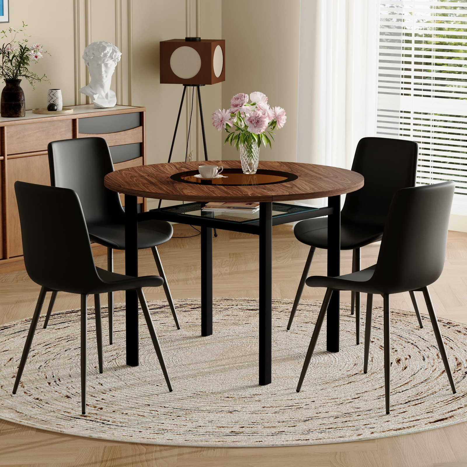 STILVORA eettafelsset met ronde tafel en 4 stoelen, bruine houten uitstraling en zwart polyurethaan, Diameter: 100 cm