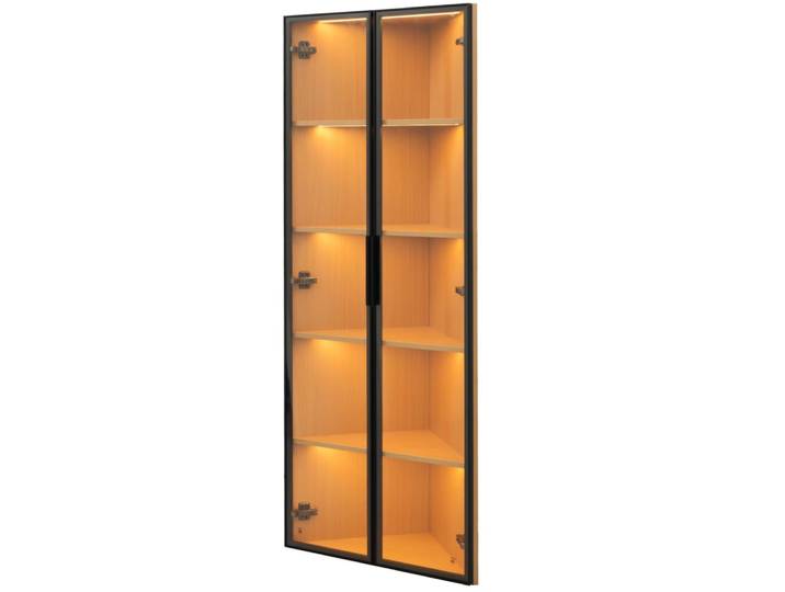 Vitrine d'angle led 160 cm, verre, mdf effet chêne, noir