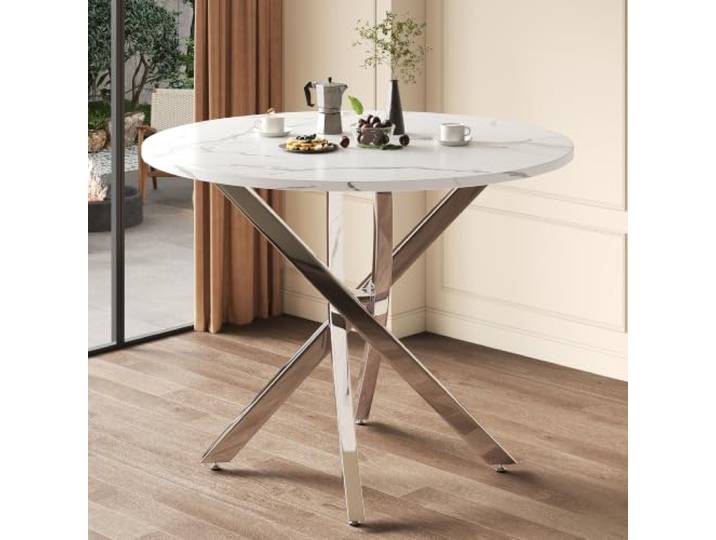 DUlVBPE Runder Esstisch, 80 x 80 x 75 cm, Tischplatte in Marmoroptik, moderner Stil, Beine aus galvanisiertem Silber, Couchtisch/Beistelltisch, moderner minimalistischer Stil, weiß + Silber