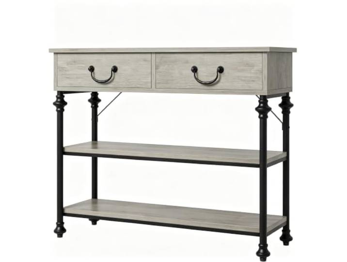 GarveeHome Konsolentisch 104 cm MDF Metall 2 Schubladen 2 Ablagen Grau Zwei Ablagen, Schmale Form, Stabile Konstruktion, Platzsparend, Sofabereich