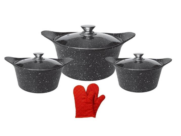 Cheffinger Topf-Set Kochtopf Kasserolle Topf Set 6-tlg ASIA Glasdeckel Handschuhe, Material: Aluminium, Glas