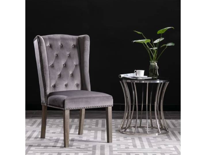 Chaise de salle à manger - LANG - Gris Velours - Bois massif - Tissu - Classique