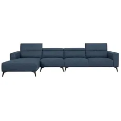 Sabaideco, Sofa + Bettsofa, Modulares Ecksofa – 4-Sitzer – LEONIE – Stoffbezug Chambray Blau – Verstellbare Kopfstützen (Ecksofa)