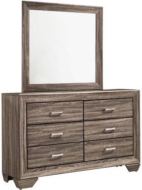 Benjara Bello Wide Dresser with Matching Mirror, 6 Drawers, Washed Taupe Wood
