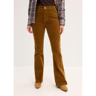 Stoffhose BONPRIX, Damen, Gr. 46, N-Gr, cognac braun, Obermaterial: 98% Baumwolle, 2% Elasthan, slim fit lang, Hosen Stoffhose, mit ausgestelltem Bein, in Cord-Design