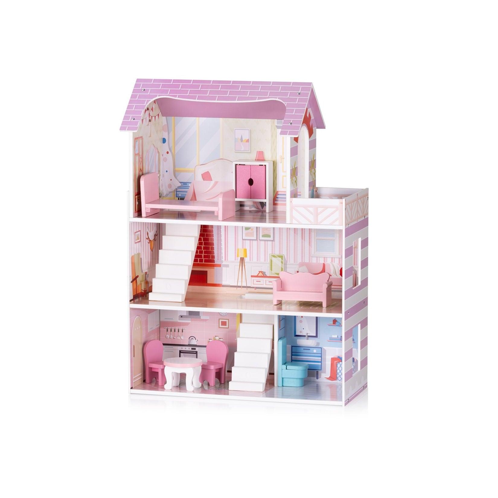 Chipolino Holz-Puppenhaus 7-teilig Balkon, Stühle, Tisch, Bett, Sofa, Schrank rosa