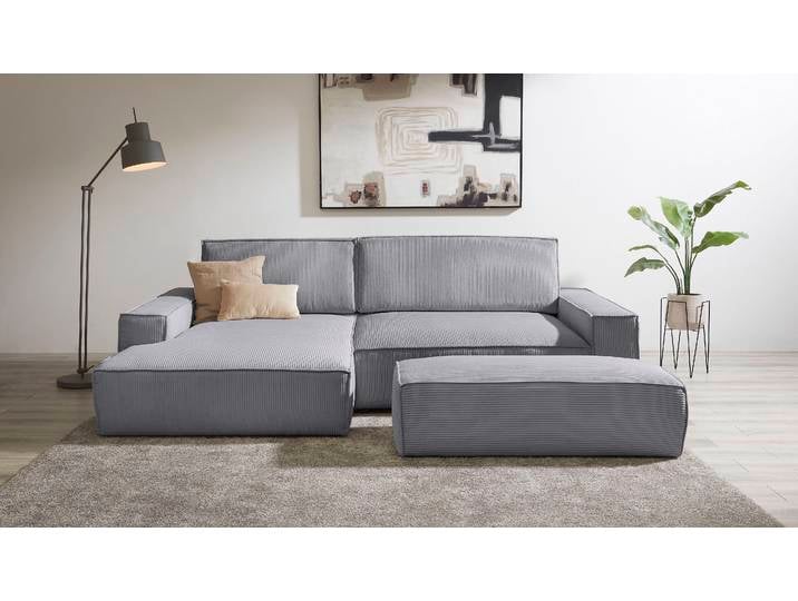 Polsterecke, Cord, Dunkelgrau, 284×135 cm, L-Form mit Schlaffunktion, Landhaus, Home-affaire
