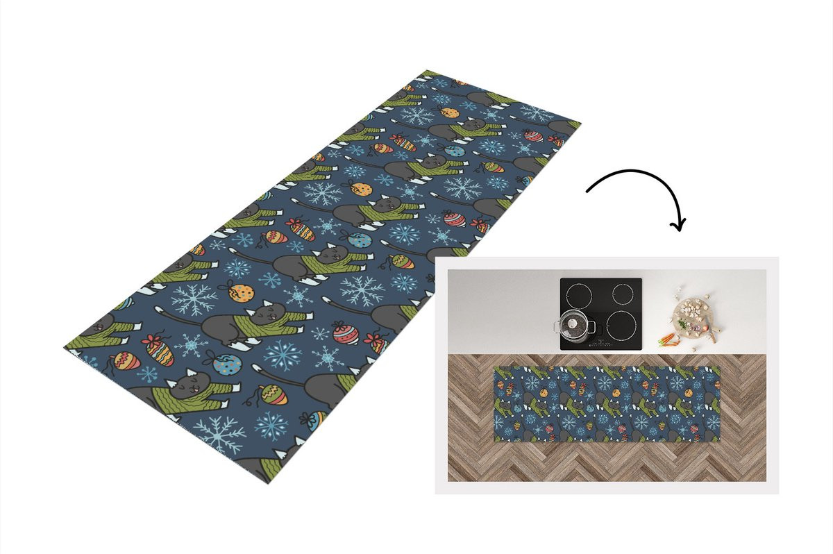 Keukenloper met kerstthema, katten en sneeuwvlokken, vinyl, 150 x 50 cm