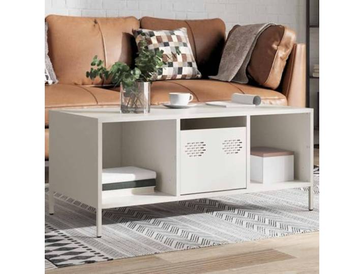 HEFZGDB Industrie-Stil Couchtisch Weiß 101,5x50x43,5 cm aus Kaltgewalztem Stahl mit Verstellbaren Beinen und Praktischer Tür für Stauraum