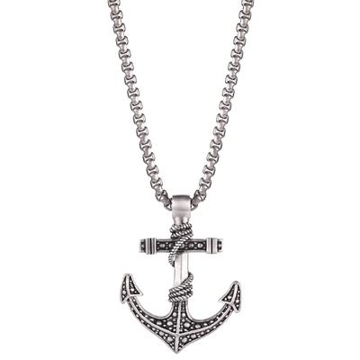 Kette mit Anhänger KINGKA "Anker/Segeltau", schwarz (edelstahlfarben, schwarz), Halsketten, Herren, Edelstahl, L: 65
